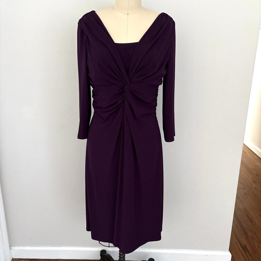 Chaps Women's Deep Purple Dress Front Twist Detail 3/4 length sleeve Party L
